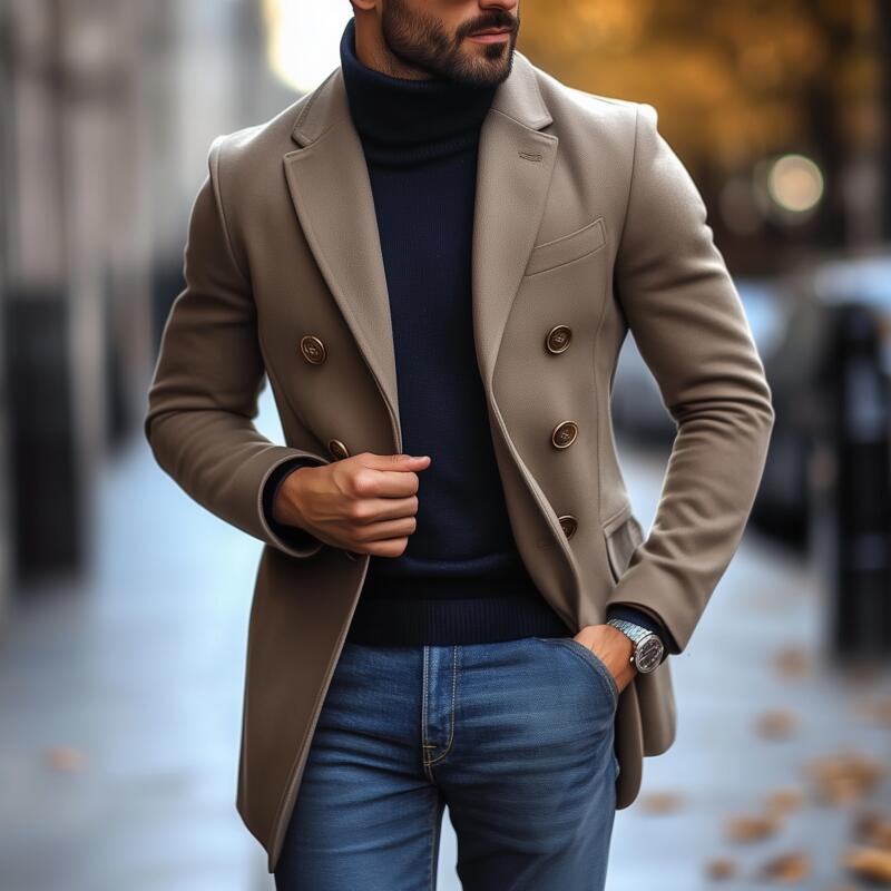 Men's Vintage Wool Blend Notch Lapel Double-Breasted Slim-Fit Coat MTA3022H7M