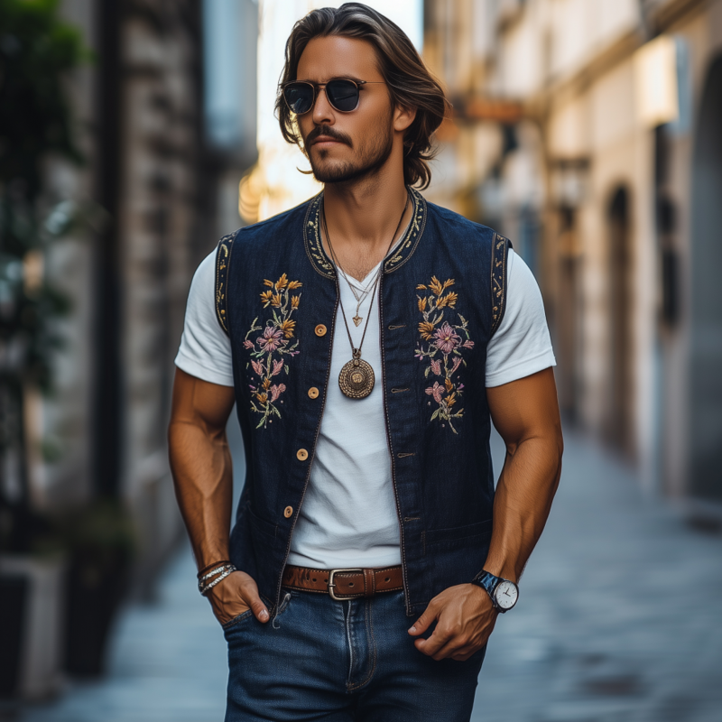 Men's Casual Cotton Linen Stand Collar Single-breasted Retro Flower Embroidered Slim Vest MTA1359F0M