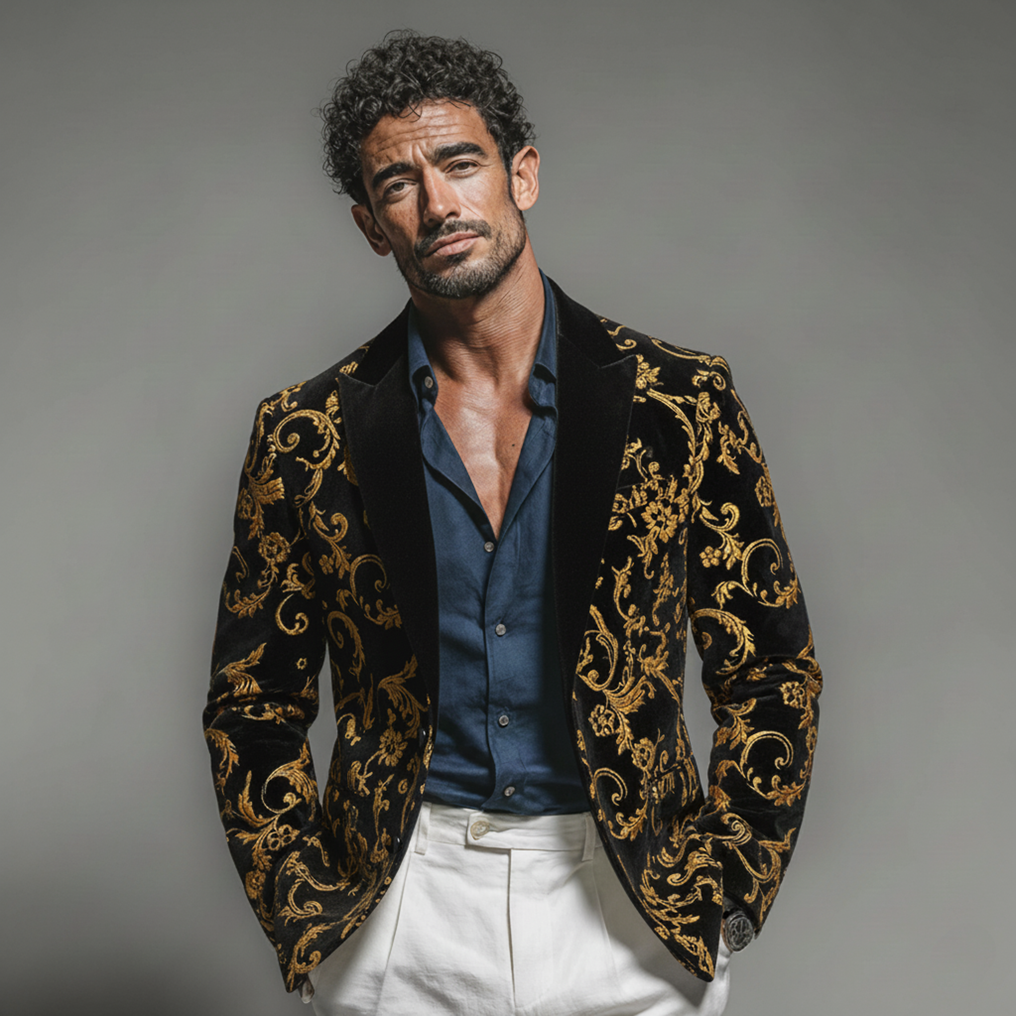 Men's Classic Vintage Velvet-feel Printed Single-breasted Blazer MTA2062L5K