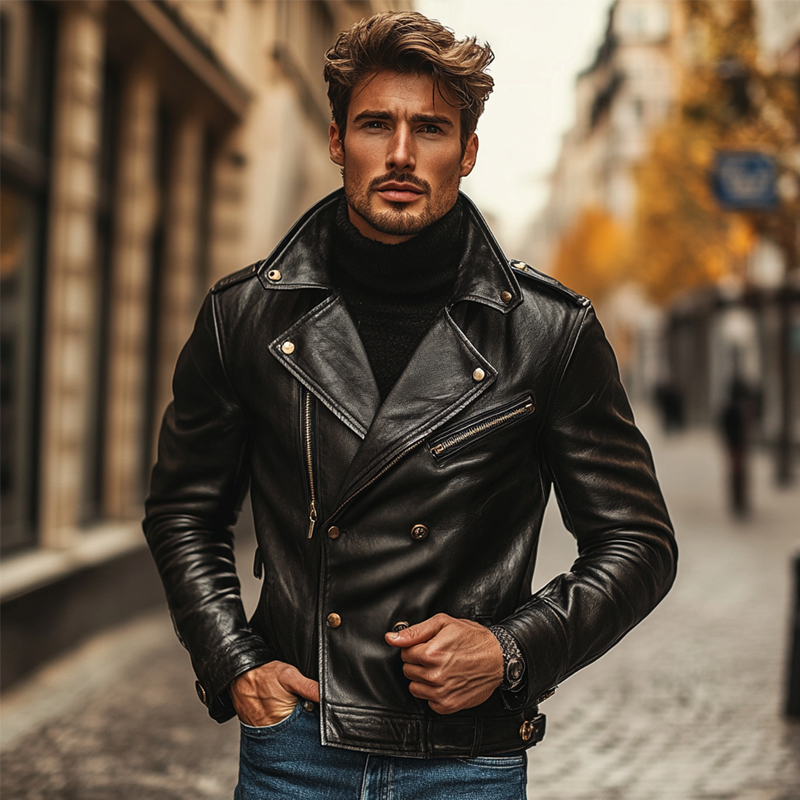 Men's Solid Color Lapel Double-breasted Motorcycle PU Leather Jacket MTA2612I3X