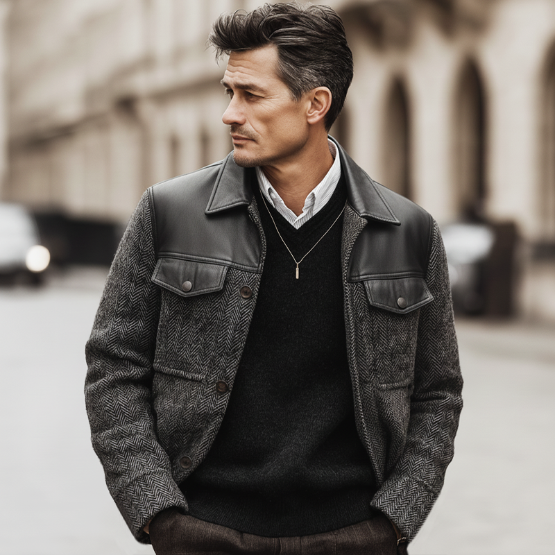 Men's Classic PU Leather Patchwork Faux Wool Button Jacket MTA3038K7U