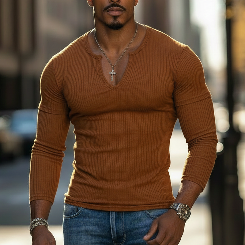 Men's Spring Fashion Ribbed Cotton Blend V-neck Slim-fit Long-sleeved T-shirt MTZ0730A9P