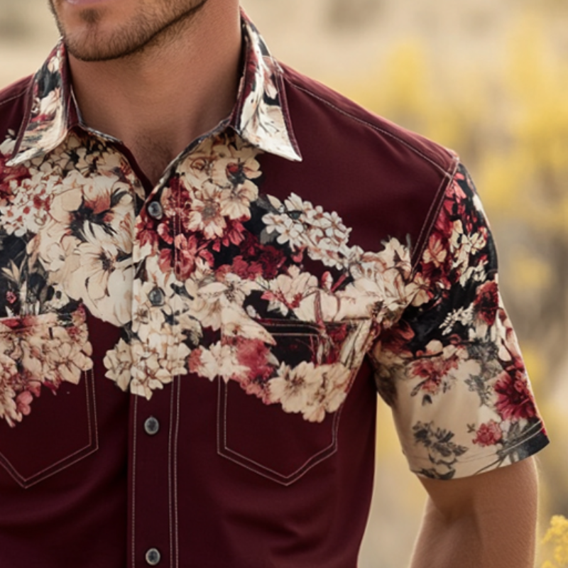 Men's Retro Western Cowboy Style Floral Print Lapel Short Sleeve Shirt MTA0664E4TO
