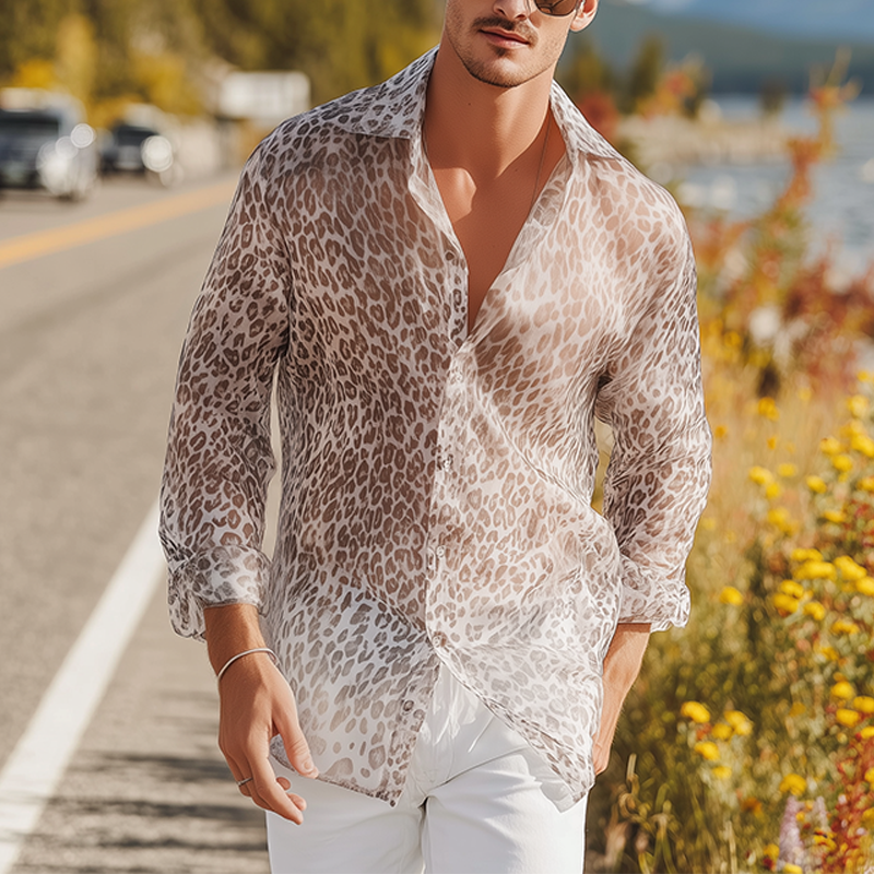 Men's Summer Fashion Casual Chiffon Slightly Transparent Sexy Leopard Print Long Sleeve Shirt MTA0566G1K