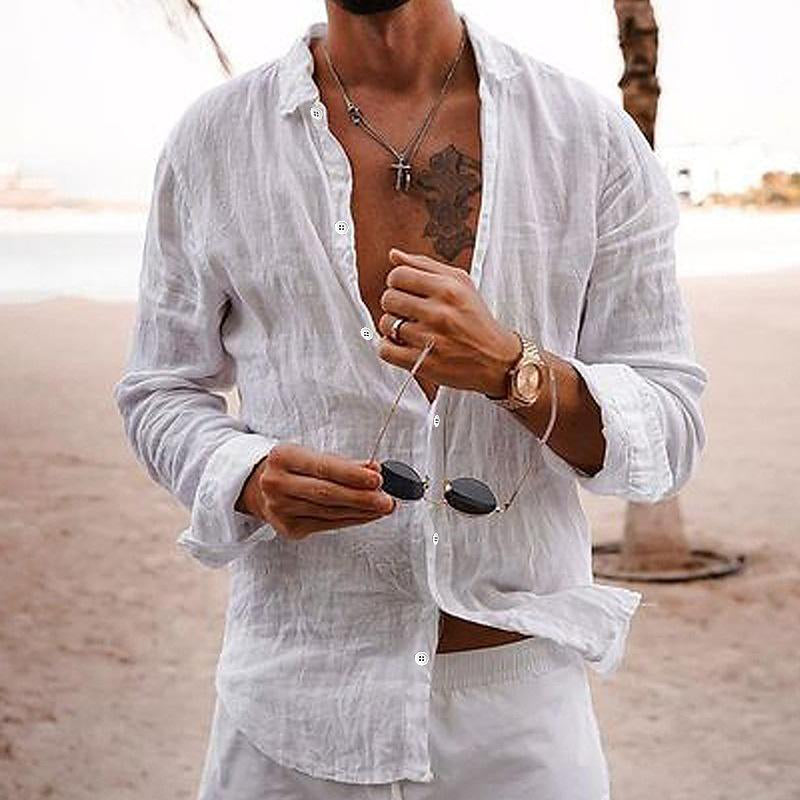 Camicia casual da uomo in cotone e lino a maniche lunghe, tinta unita, con risvolto 76098441M