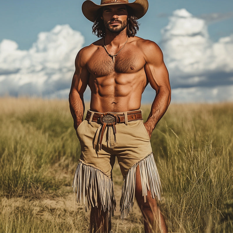 Men's Khaki Western Denim Style Fringe Shorts MTA2191D4U