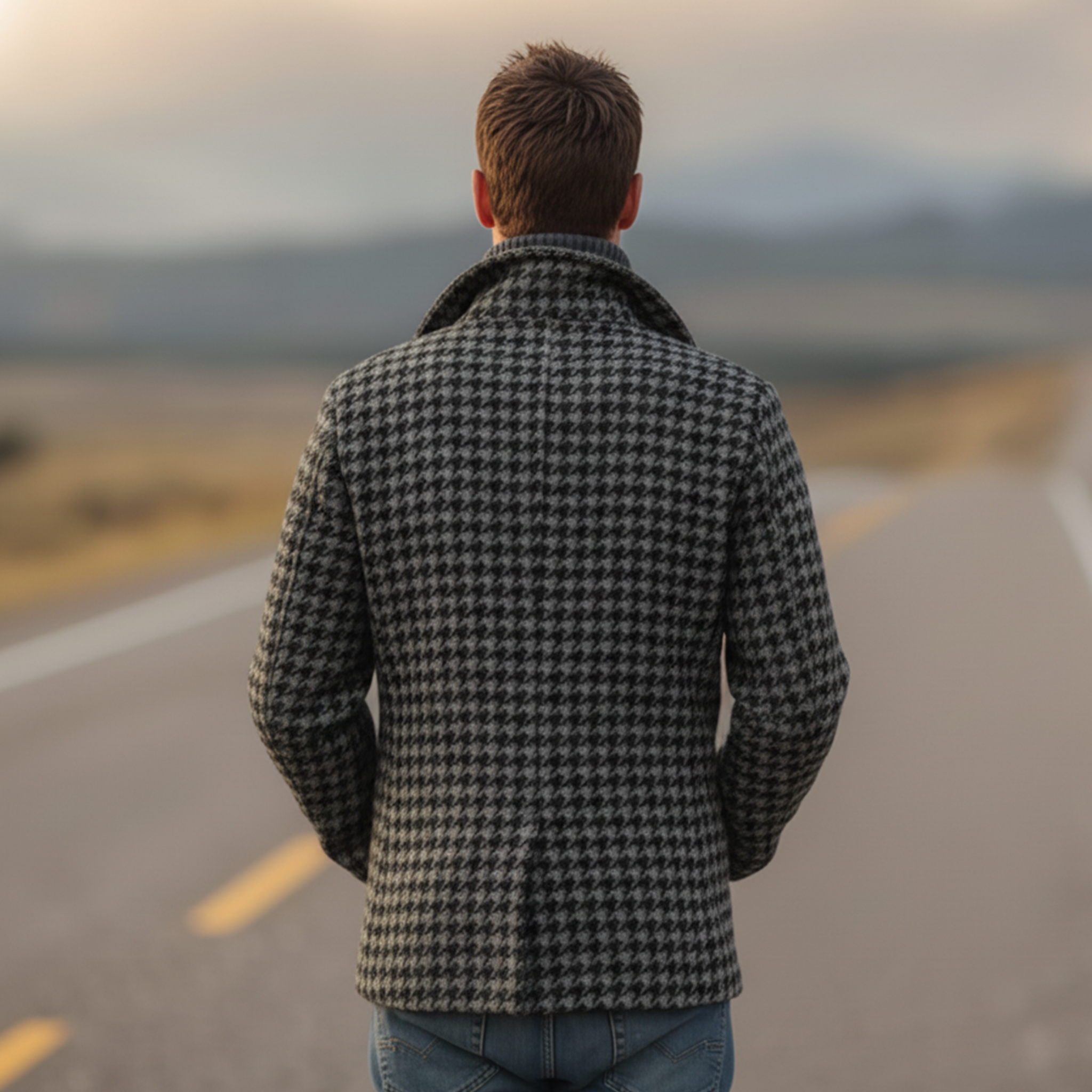 Men's Classic Retro Lapel Double-breasted Faux Houndstooth Wool Jacket MTA3139J3K