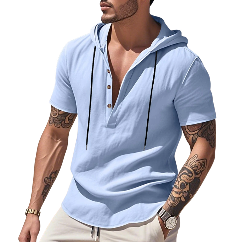 Men's Casual Solid Color Breathable Cotton Henley Collar Hooded Slim Fit Short Sleeve T-Shirt MTA0630E7M