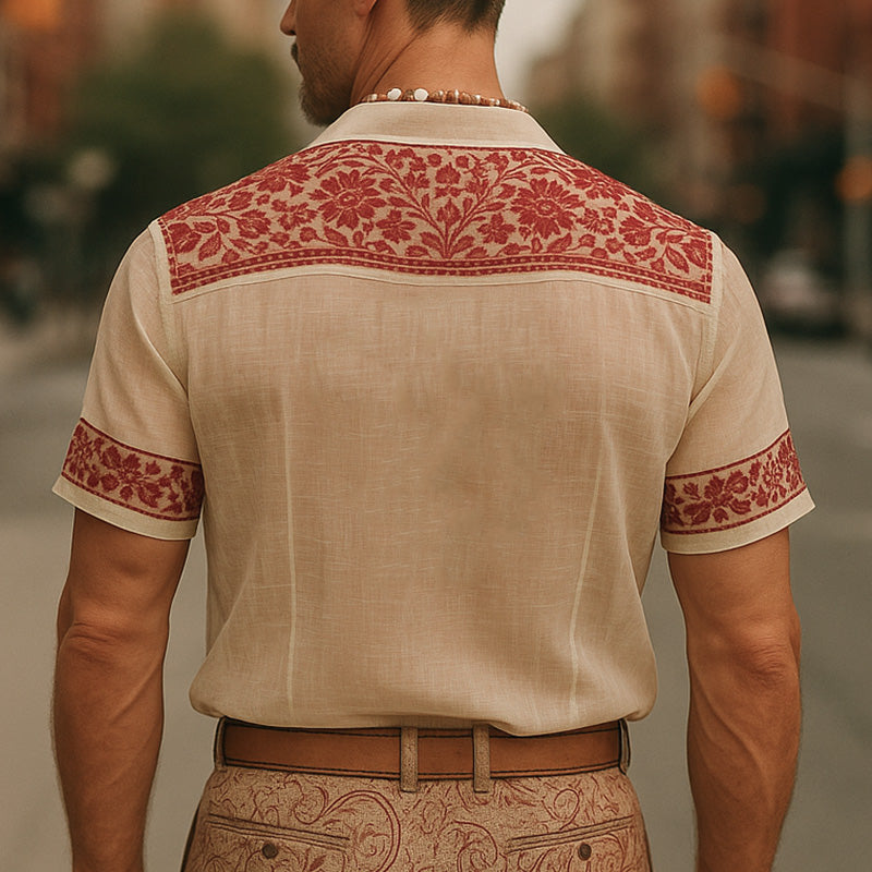 Men's Summer Fashion Breathable Embroidered Light Linen Short Sleeve Shirt MTA2349E8P
