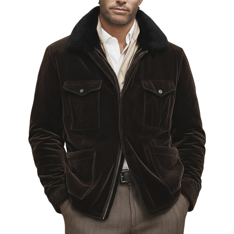 Men's Classic Chocolate Brown Velvet Fur Collar Jacket MTA2455K5U