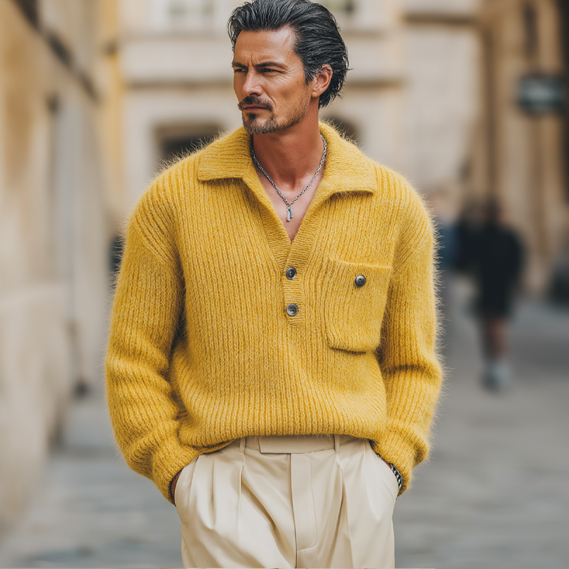 Men's Classic Elegant Mustard Yellow V-Neck Knit Sweater MTA1043L6U