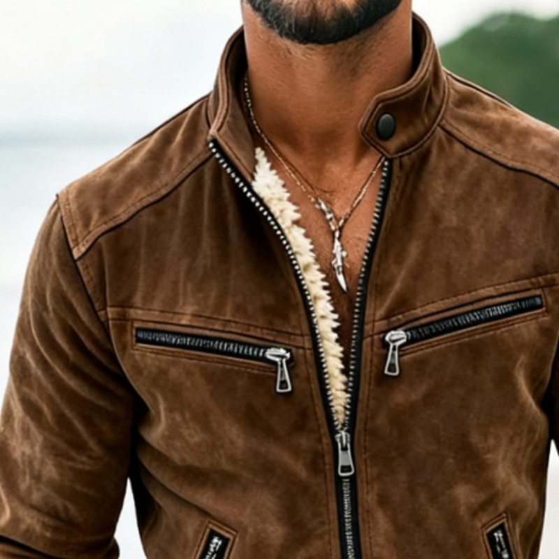 Men's Retro Casual Faux Suede Plush Lined Stand Collar Zipper Jacket MTA0661K4TO