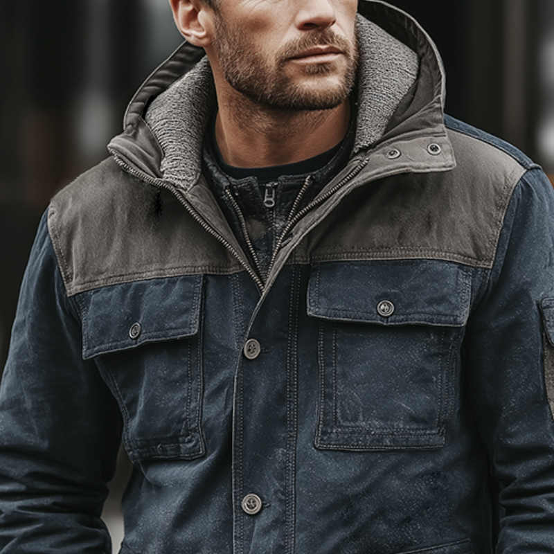 Men's Retro Casual Cotton Washed Hooded Multi-Pocket Zipper Jacket MTA2478K2TO