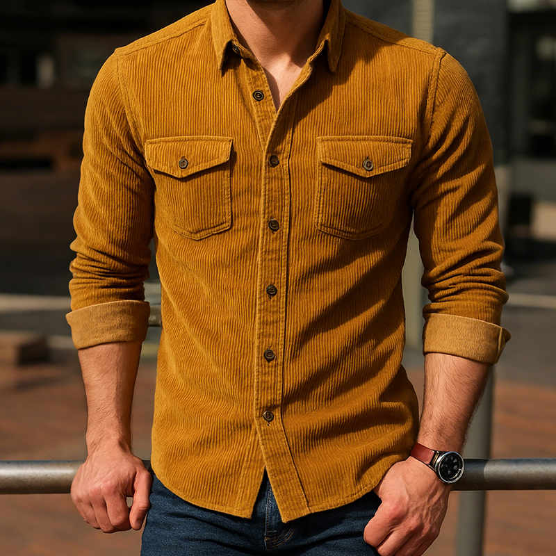 Men's Retro Casual Solid Color Corduroy Lapel Long Sleeve Shirt MTA0868H6TO