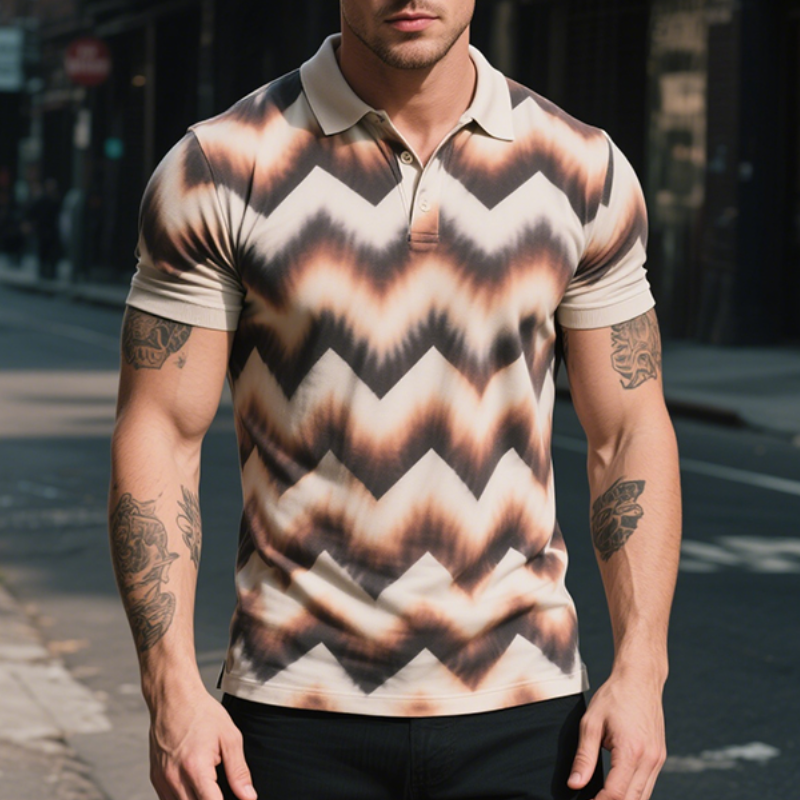 Men's Retro Casual Zigzag Gradient Print Short-Sleeved Polo Shirt MTA2039E3TO