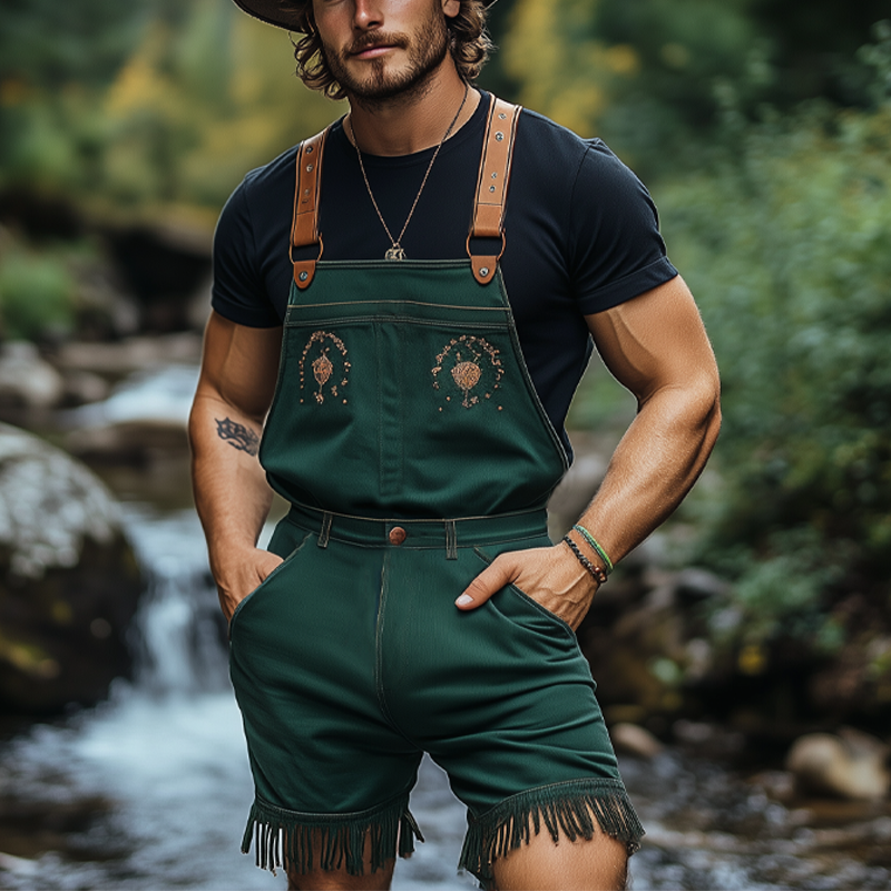 Men's Summer Retro Embroidered Tassel Denim Overalls MTA1174F1U