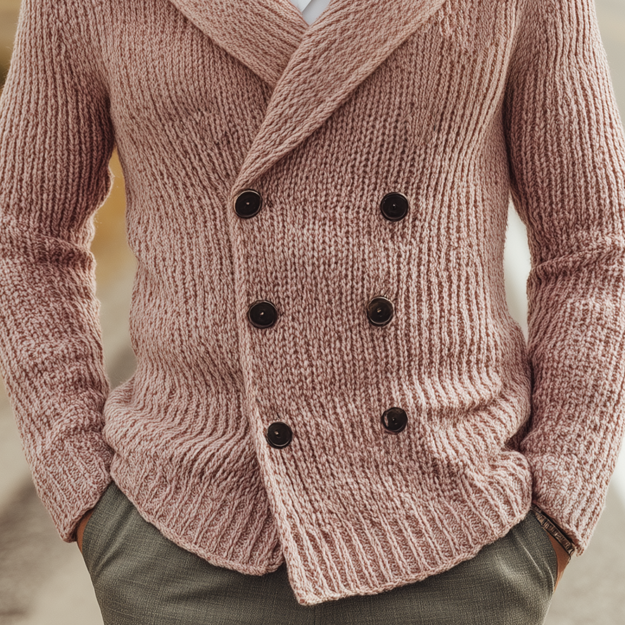 Men's Classic Casual Lapel Double-breasted Slim-fit Pink Knitted Cardigan MTA0855I4K