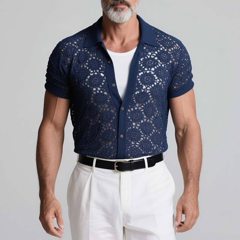 Men's Retro Casual Knitted Hollow Lapel Short Sleeve Shirt MTA2753F7TO
