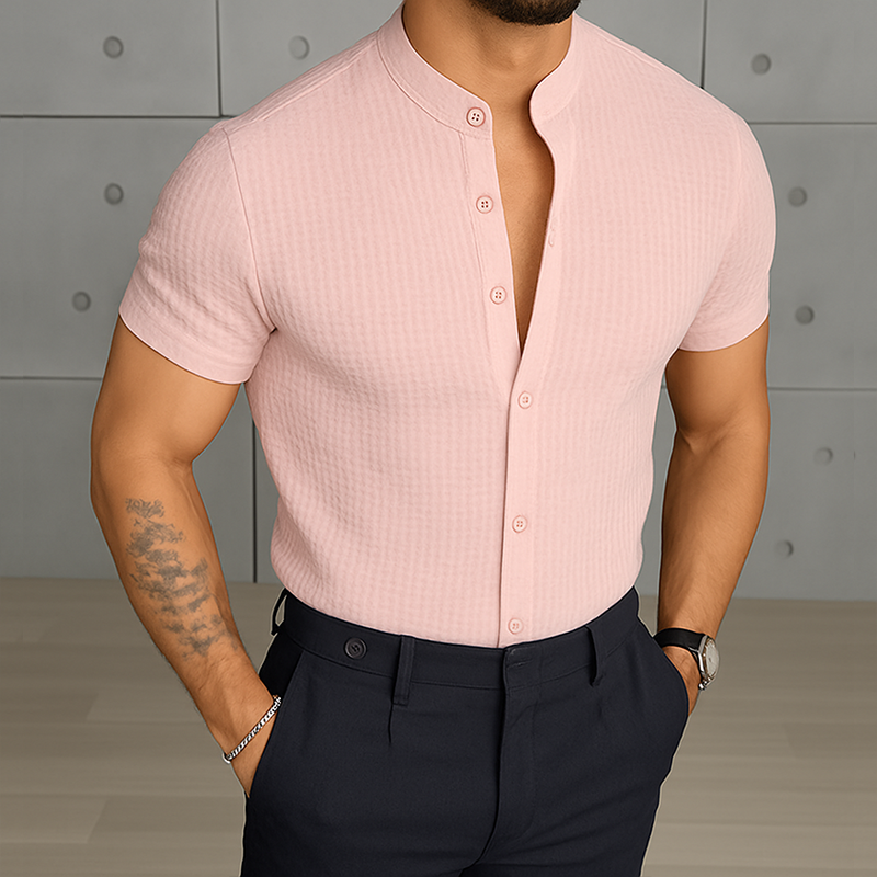 Men's Retro Casual Solid Color Waffle Stand Collar Short Sleeve Shirt MTA1082G1TO