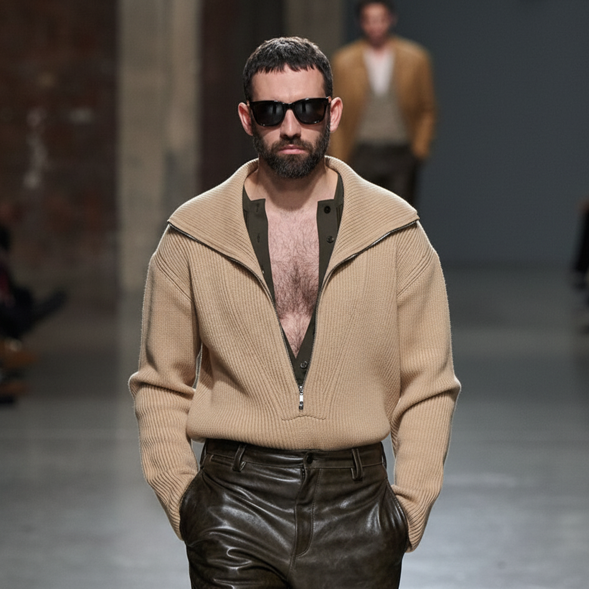 Men's Classic Retro Deep V-neck Zip-up Sweater MTA2811K5K