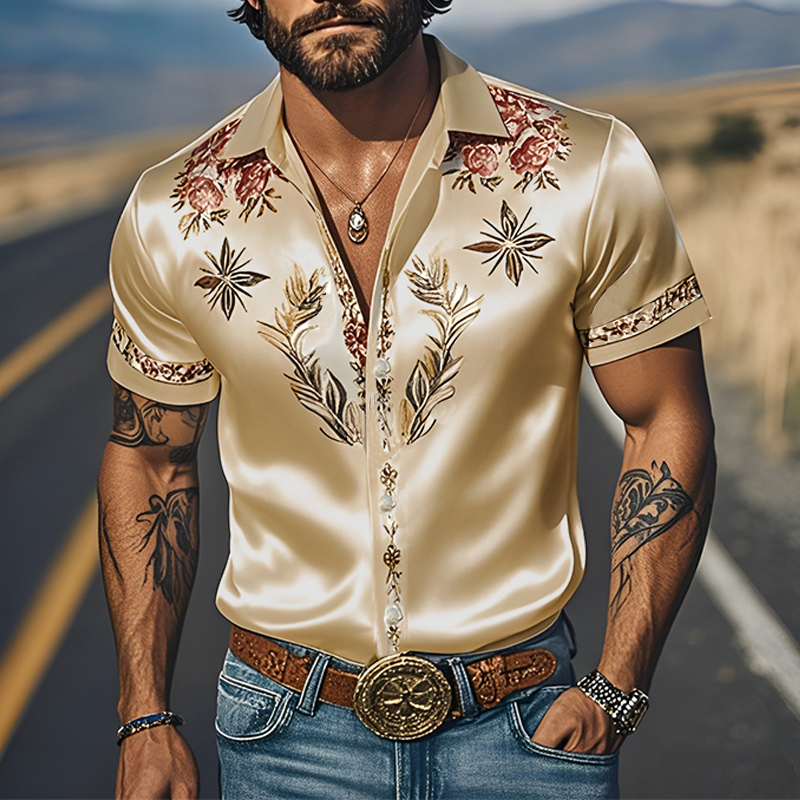 Men's Spring And Summer Fashion Casual Western Cowboy Style Satin Champagne Gold Print Short Sleeve Shirt MTA1644E0K