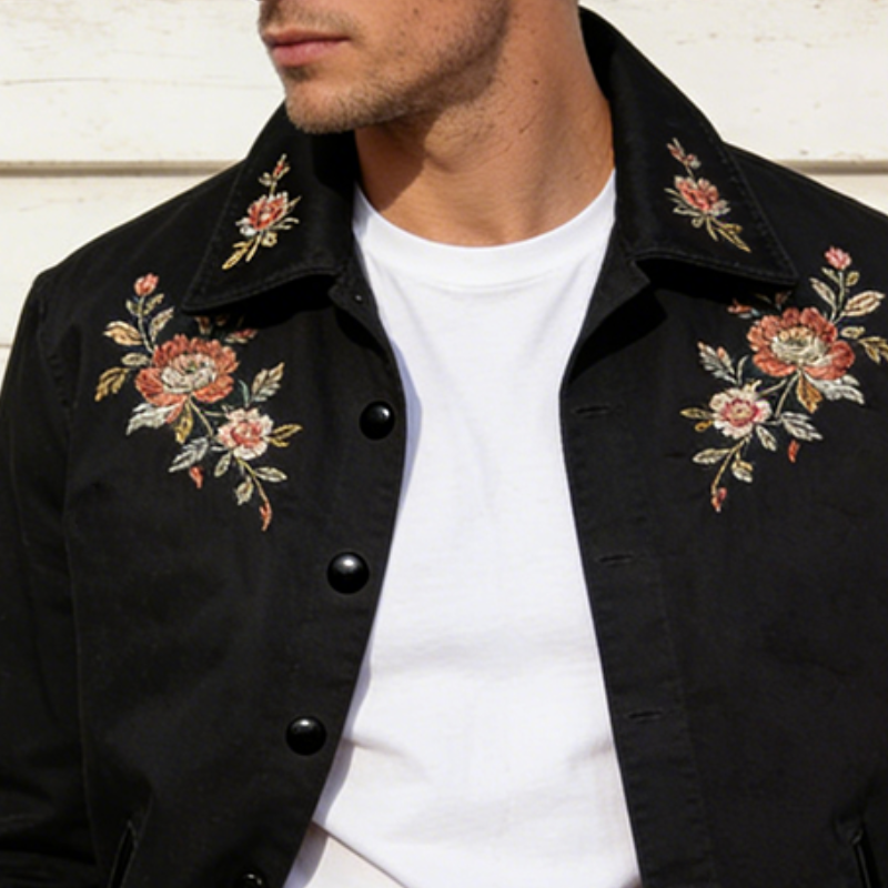 Men's Retro Casual Cotton Floral Embroidered Lapel Button Jacket MTA1192L7TO