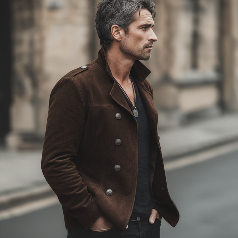 Men's Classic Chocolate Brown Double-breasted Notched Lapel Suede Jacket MTA0113L7U