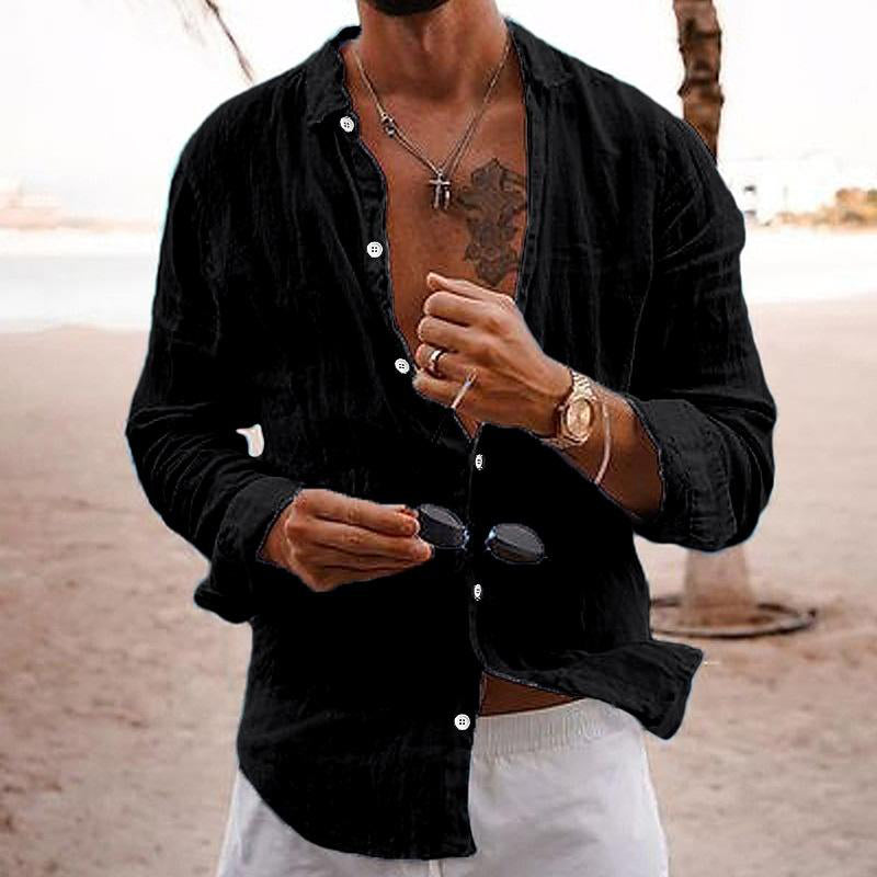 Camicia casual da uomo in cotone e lino a maniche lunghe, tinta unita, con risvolto 76098441M