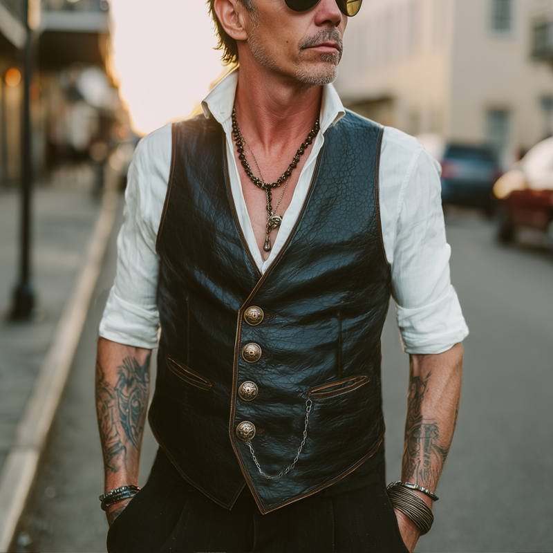 Men's Vintage Textured PU Leather Single Breasted Vest MTA1330H2U