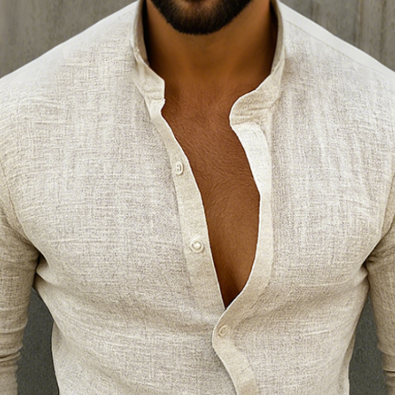 Men's Retro Casual Linen Stand Collar Long Sleeve Shirt MTA2204G4TO