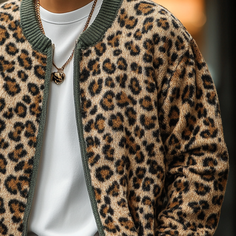 Men's Casual Leopard Print Jacquard Crew Neck Knit Cardigan MTA3072J3X
