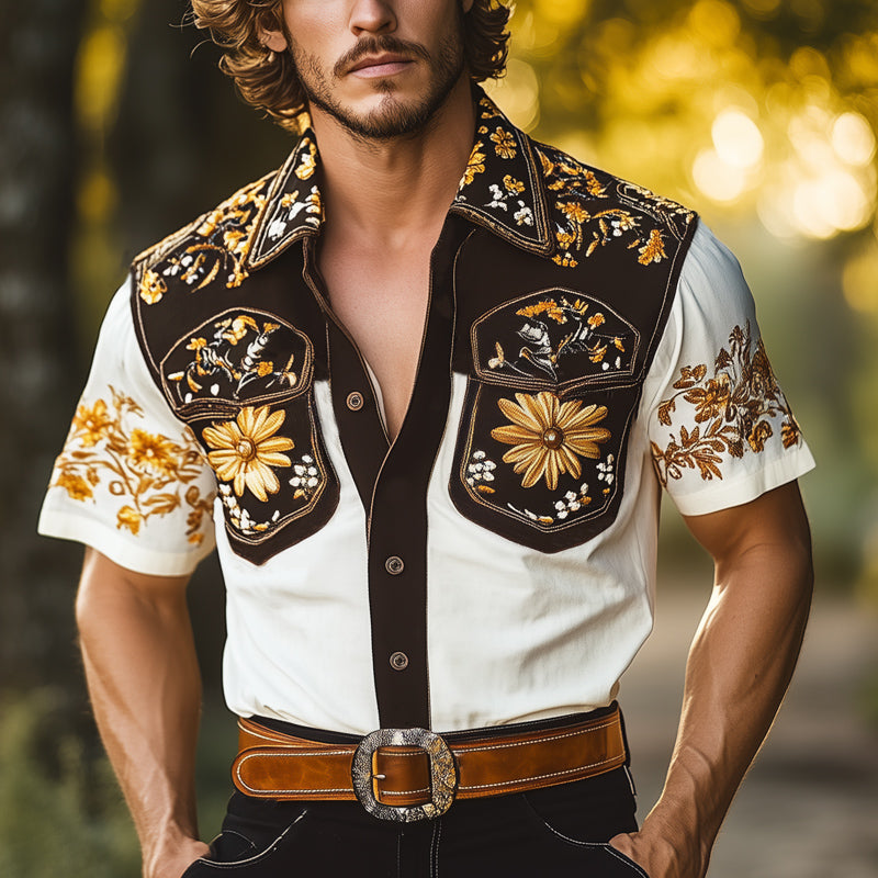 Men's Summer Exquisite Embroidered Colorblock Short Sleeve Shirt MTA2611E5U