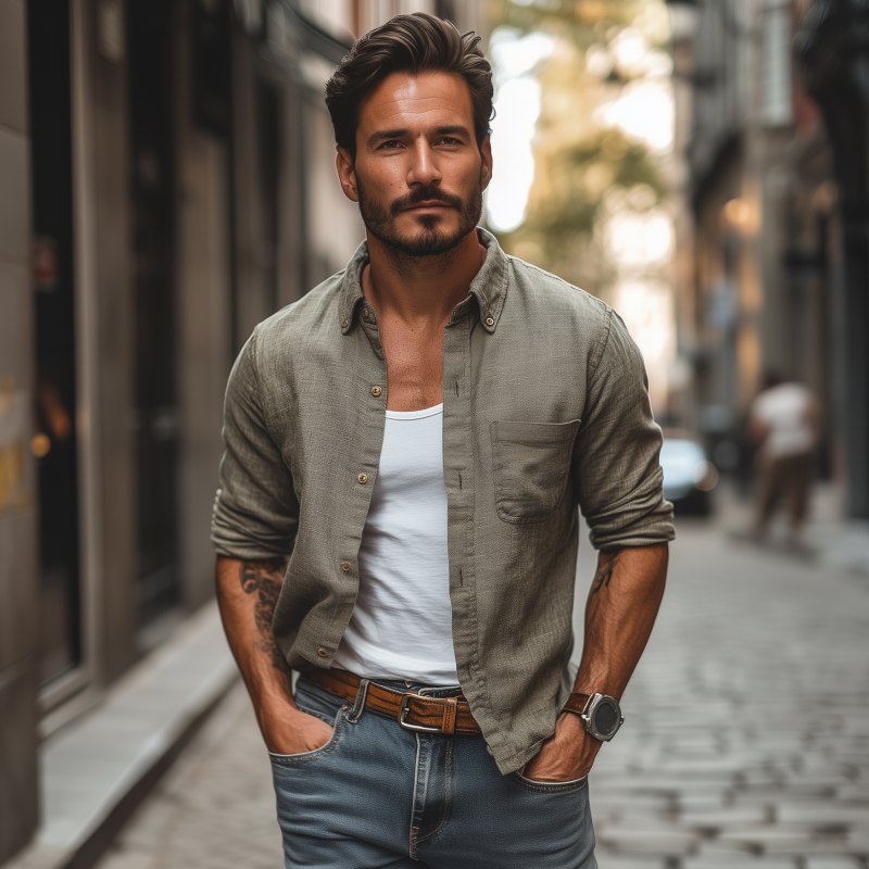 Men's Casual Breathable Linen Lapel Patch Pocket Slim Fit Long Sleeve Shirt MTA0308G0M