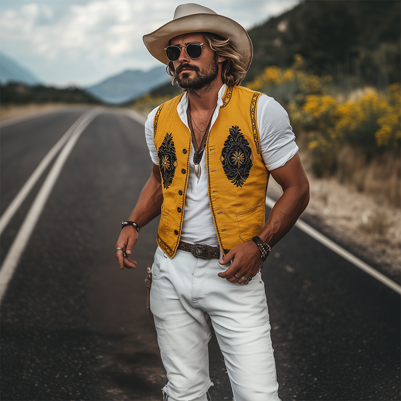 Men's Spring And Summer Casual American Retro Western Style Cotton And Linen Embroidered Vest MTA1643F1K