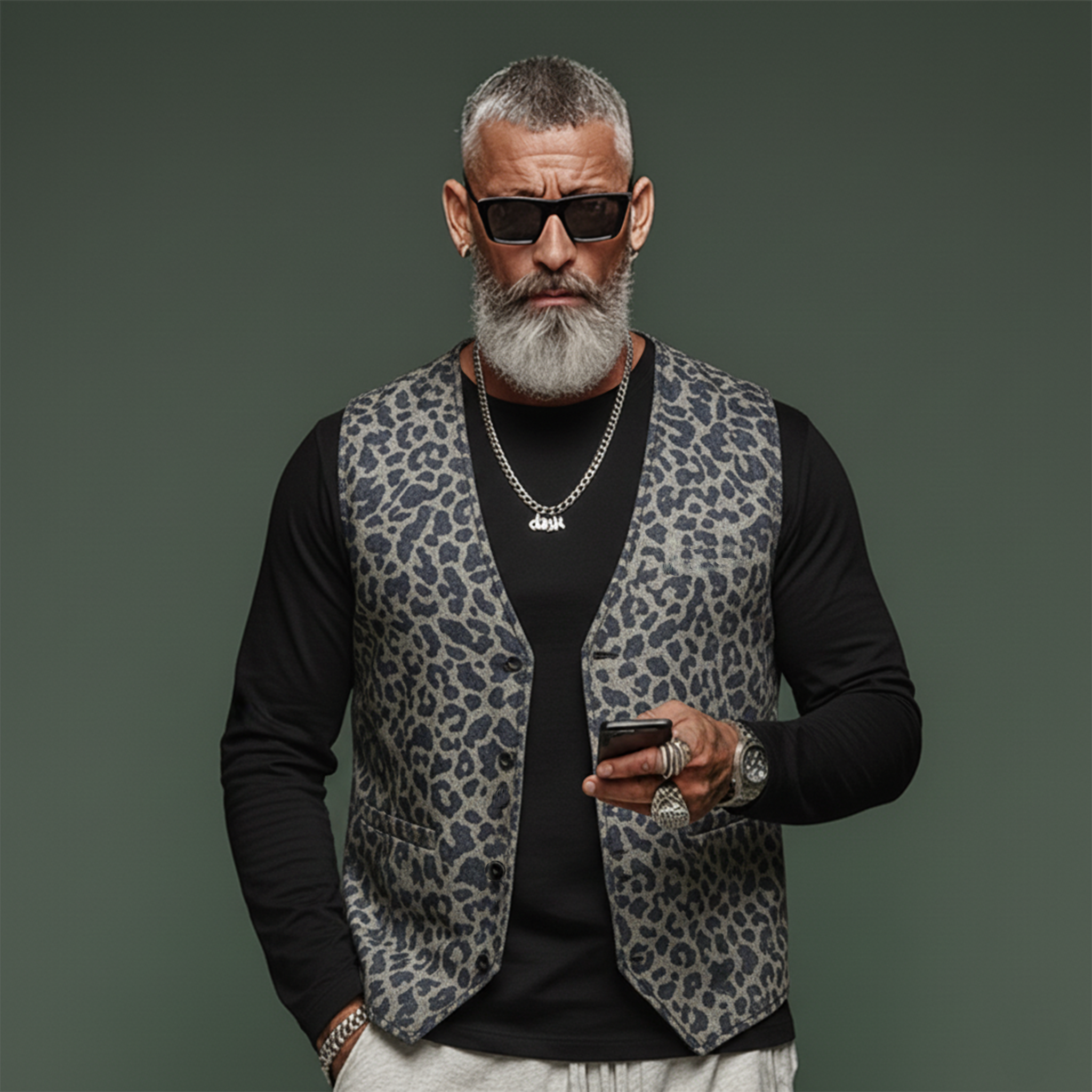 Men's Classic Casual Denim Jacquard Leopard Print Vest MTA1210L5K