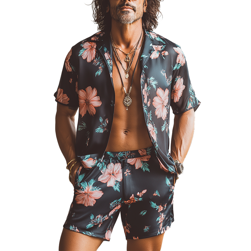 Men's Summer Fashion Floral Print Imitation Silk Short Sleeve Shirt Shorts Set MTA1741F2P