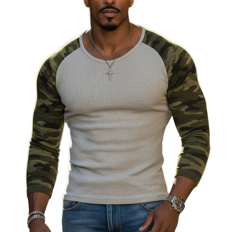 Men's Vintage Camouflage Sleeve Knitted Ribbed Slim-fit T-shirt MTA2940L1P