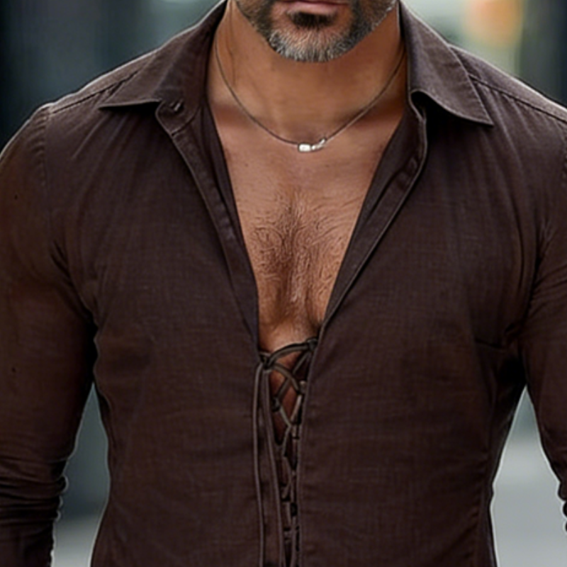 Men's Retro Casual Cotton Linen Tie-Waist Lapel Long-Sleeve Shirt MTZ2216A6TO