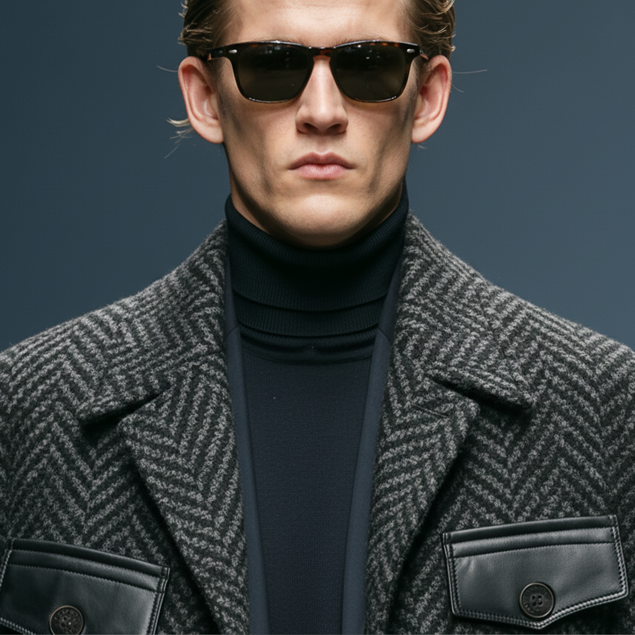 Men's Classic Light Business Lapel Pocket PU Leather Knee-length Faux Herringbone Wool Coat MTA1193J6K