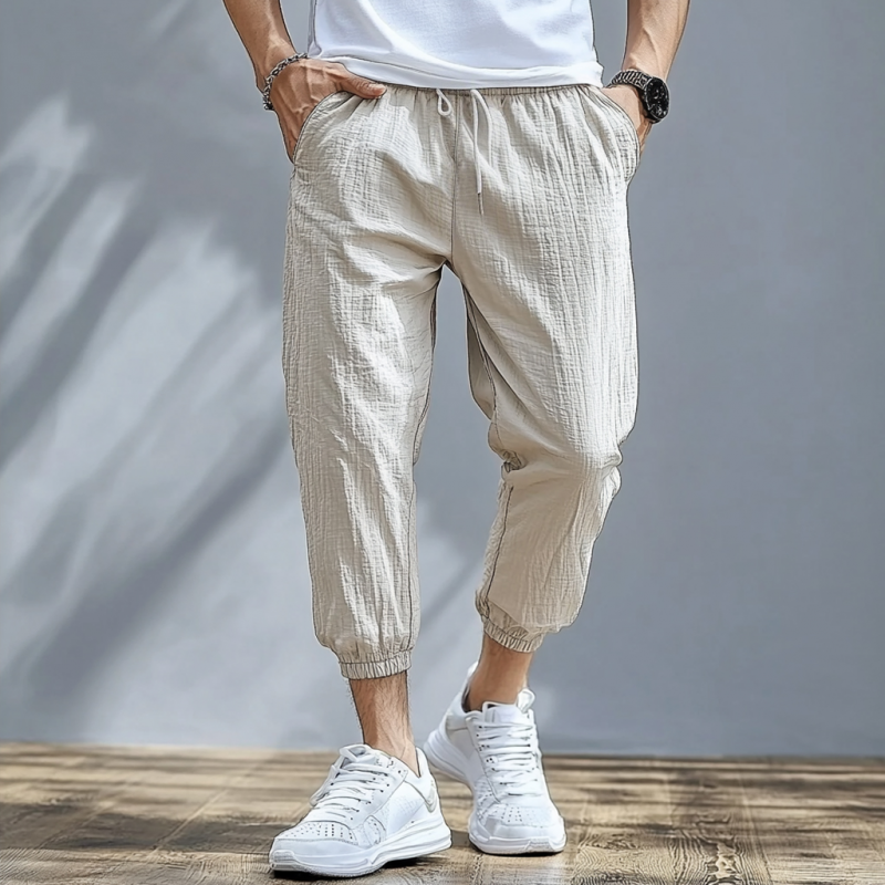 Men's Casual Cotton Linen Bubble Wrinkle Elastic Waist Loose Cropped Pants MTA1552E9M
