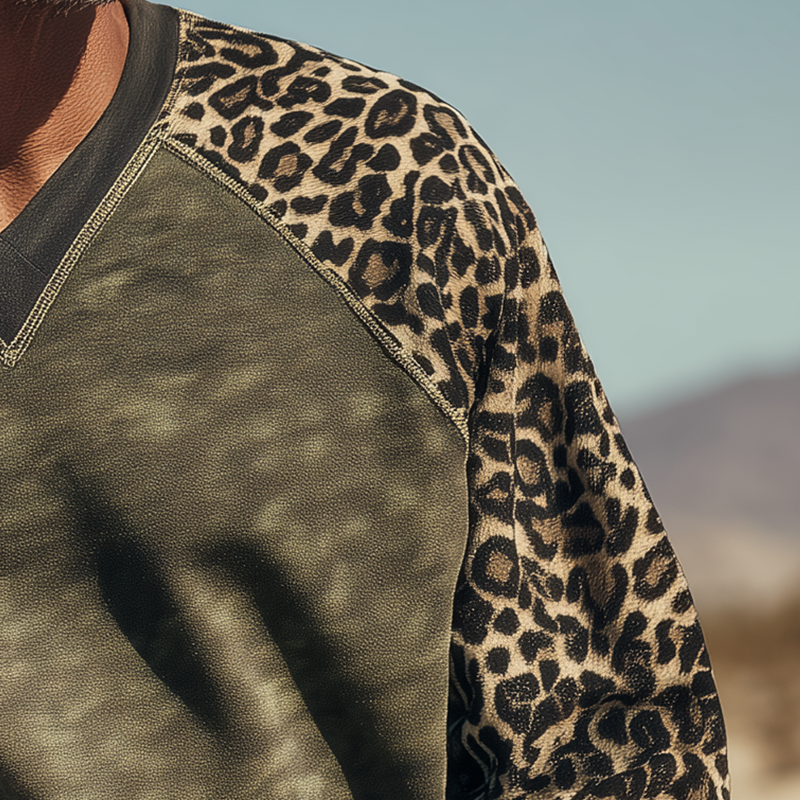 Men's Vintage Leopard Print Cotton Blend V-Neck Sweatshirt MTA1422H3P