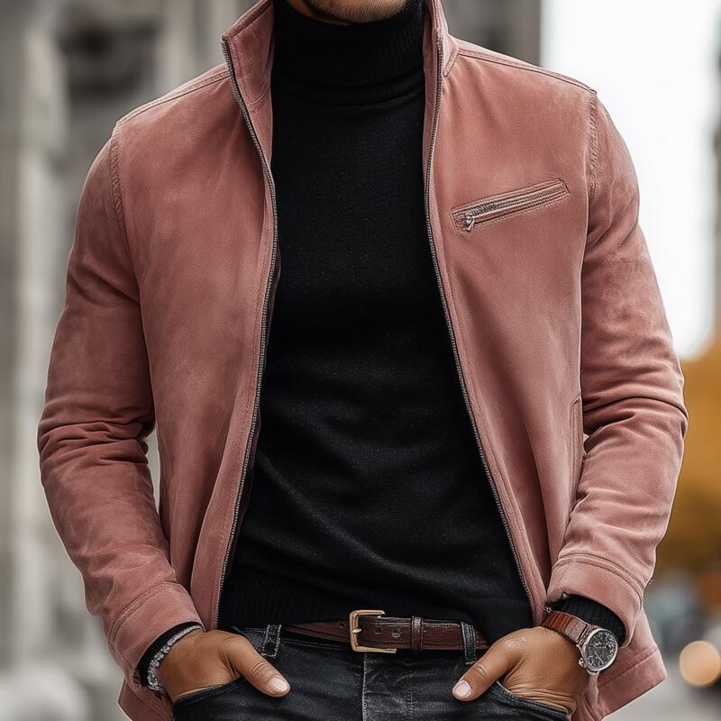 Men's Vintage Solid Color Faux Suede Stand Collar Zipper Placket Loose Jacket MTA2115H7M