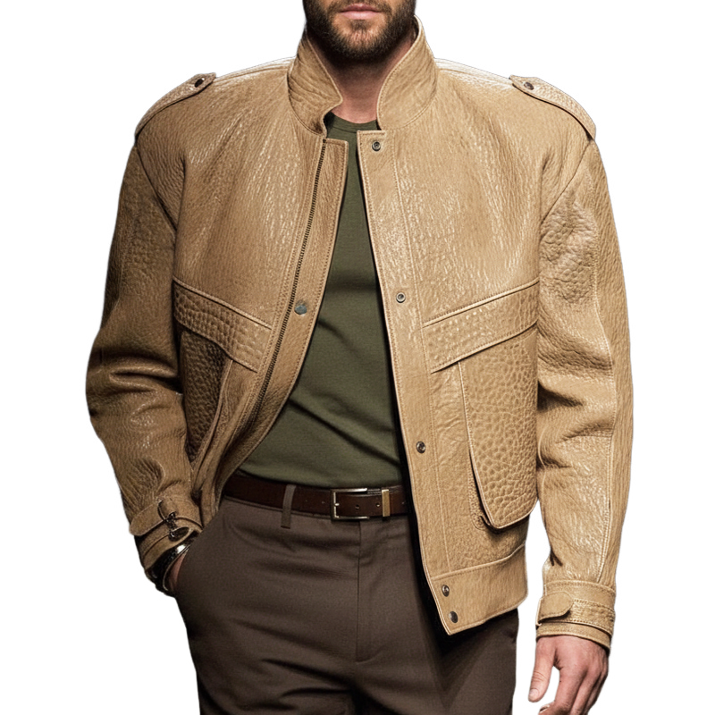 Men's Urban Fashion Stand Collar Textured PU Leather Jacket MTA1985K6U