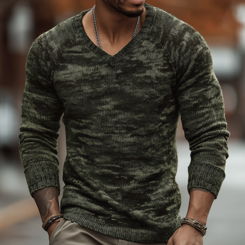 Men's Casual Outdoor Camouflage Jacquard V-neck Slim Fit Pullover Knitted Long-sleeved Sweater MTA0118H6M