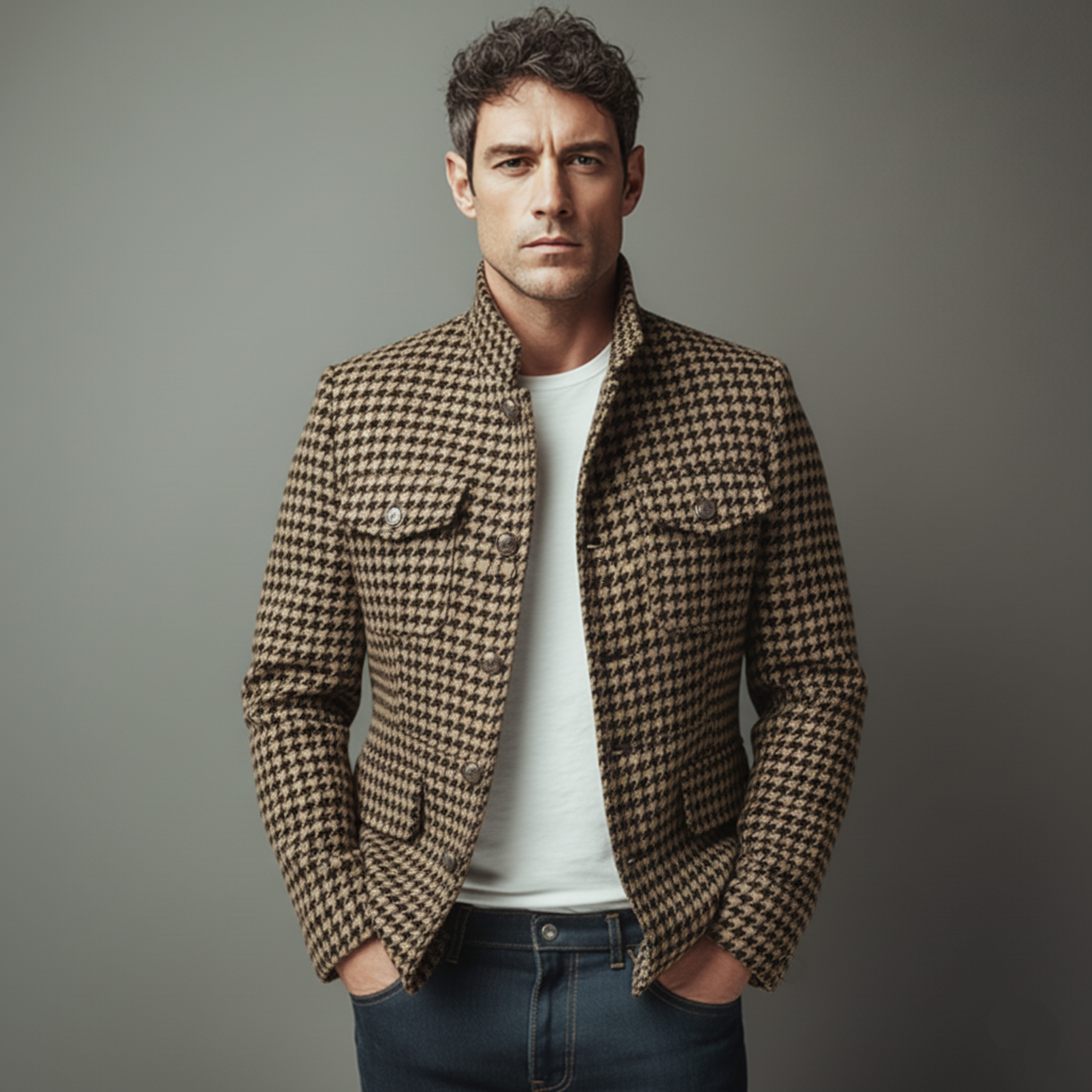 Men's Classic Vintage Stand-collar Multi-pocket Houndstooth Wool Jacket MTA1698L9K