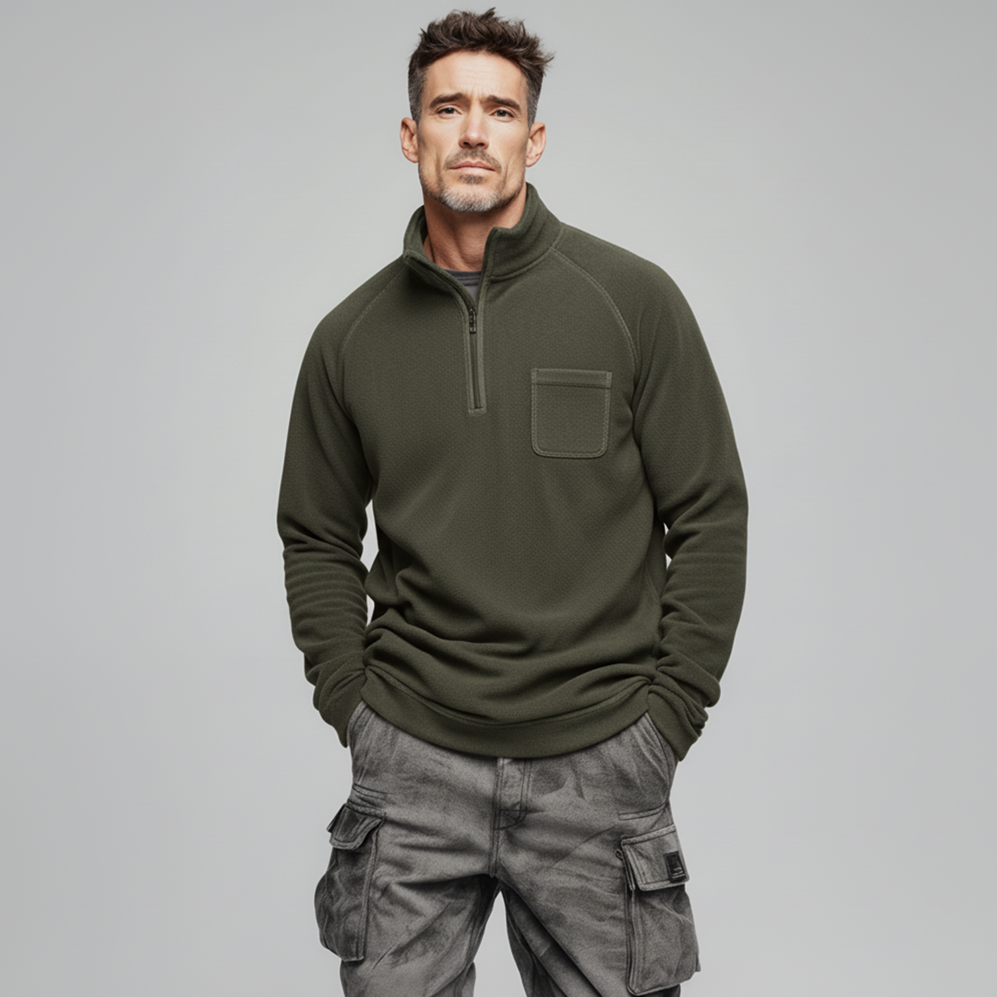 Men's Classic Casual Western Tough Style Dralon Warm Skin-friendly Stand Collar Zipper Sweatshirt MTA2193J7K