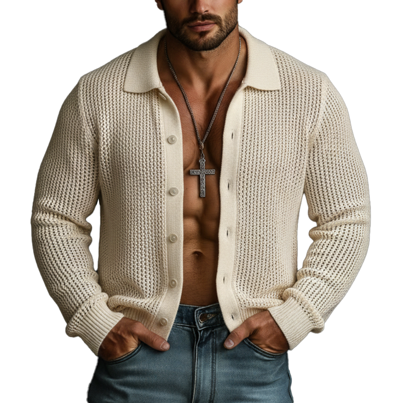 Men's Spring Fashion Cotton Yarn Knitted Openwork Button-up Cardigan MTZ0942A8P