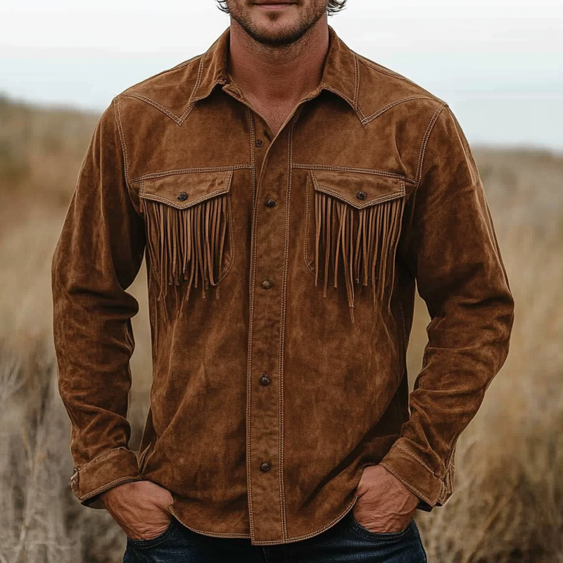 Men's Western Denim Tassel Pocket Faux Suede Long Sleeve Shirt MTA1999H1X