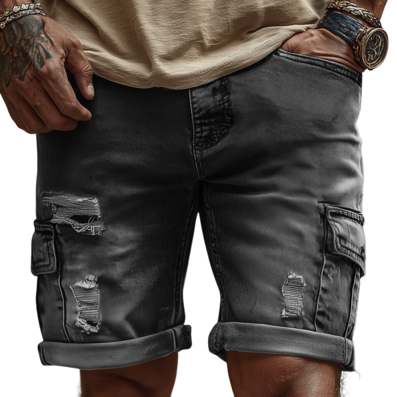 Men's Casual Outdoor Denim Washed Ripped Multi-pocket Slim Shorts MTA2421F1M