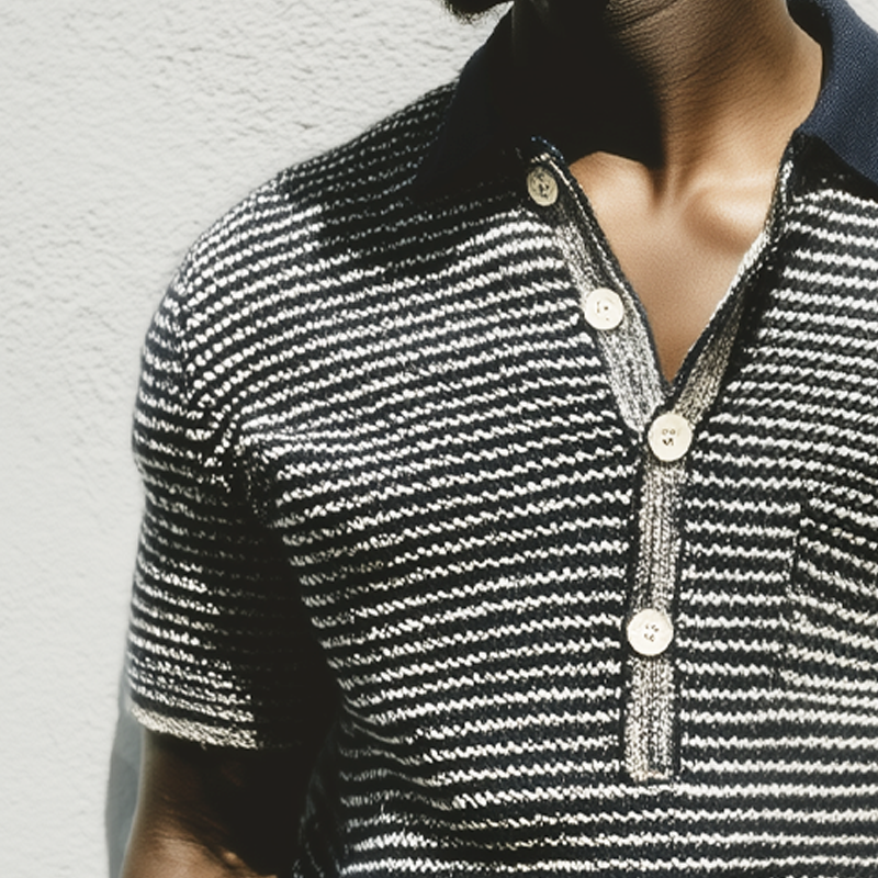 Men's Summer Classic Black And White Striped Polo Neck Knitted T-Shirt MTA0782G3U